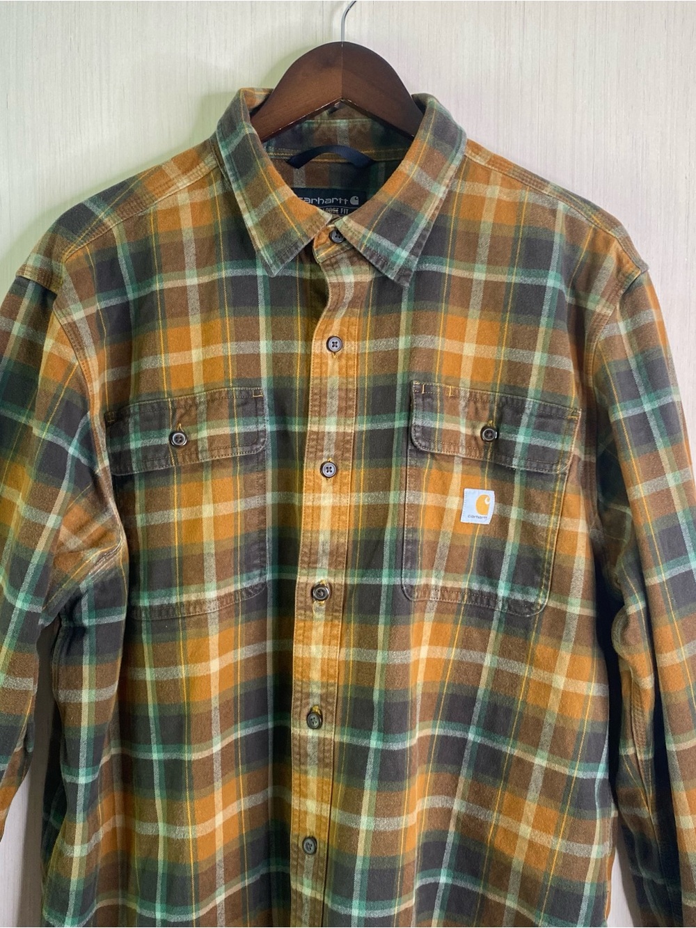 Carhartt Loose Fit Heavyweight Plaid Flannel Shirt - Mustard, Green, Brown Large - Picture 3 of 7